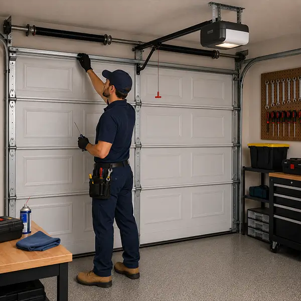 Garage door track realignment and panel repair service in Mooresville Indiana